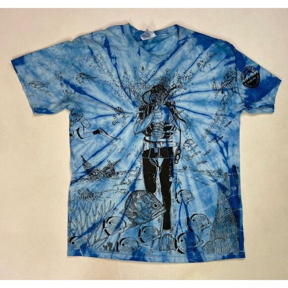 Scuba Quest Dive Center Florida Fish Graphic T-shirt Men Medium Blue Tie Dye - Picture 1 of 7